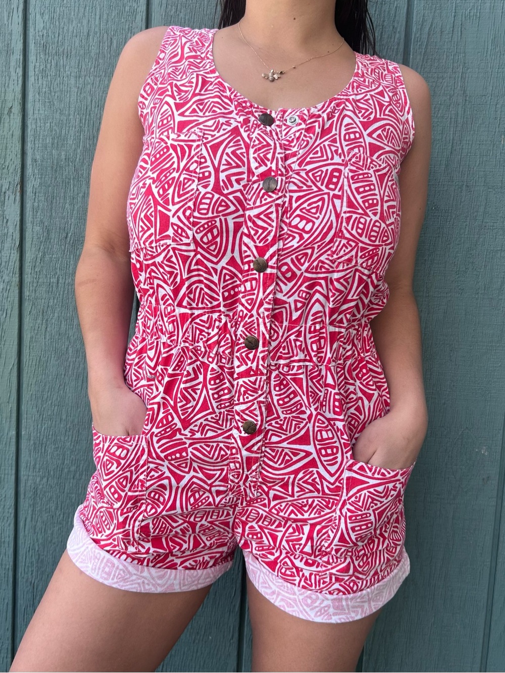 Retro Geometric Romper - Red
